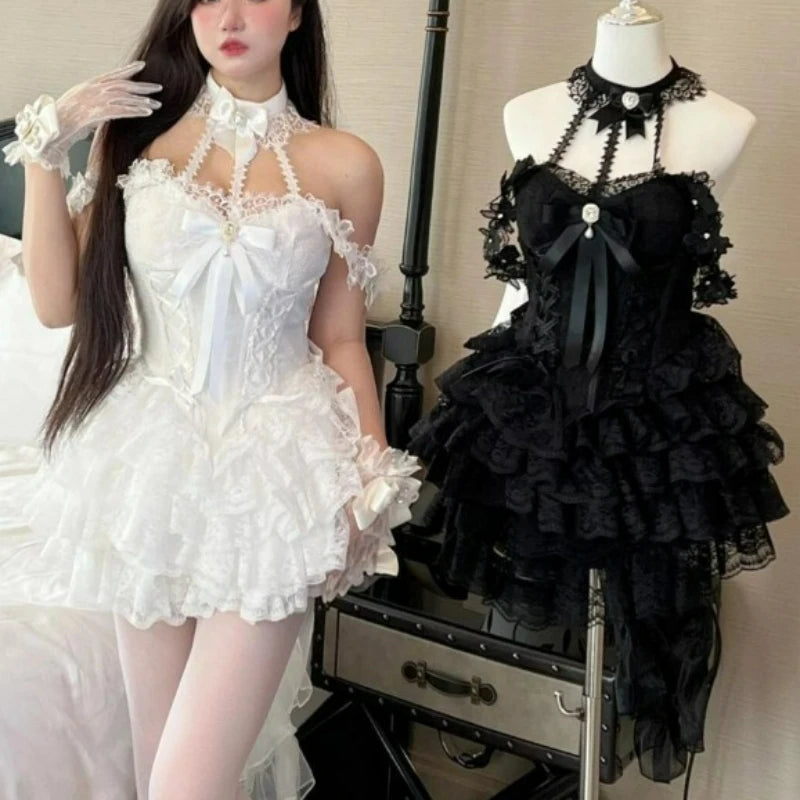 Victorian Sweet Lolita Mini Dress – Women’s Bow Lace Halter Party Dress