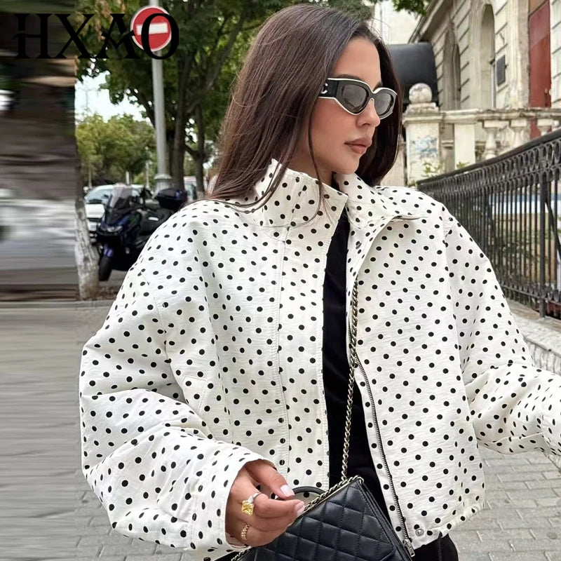 Polka Dot Bomber Jacket – Women’s Oversized Zip Up Outerwear