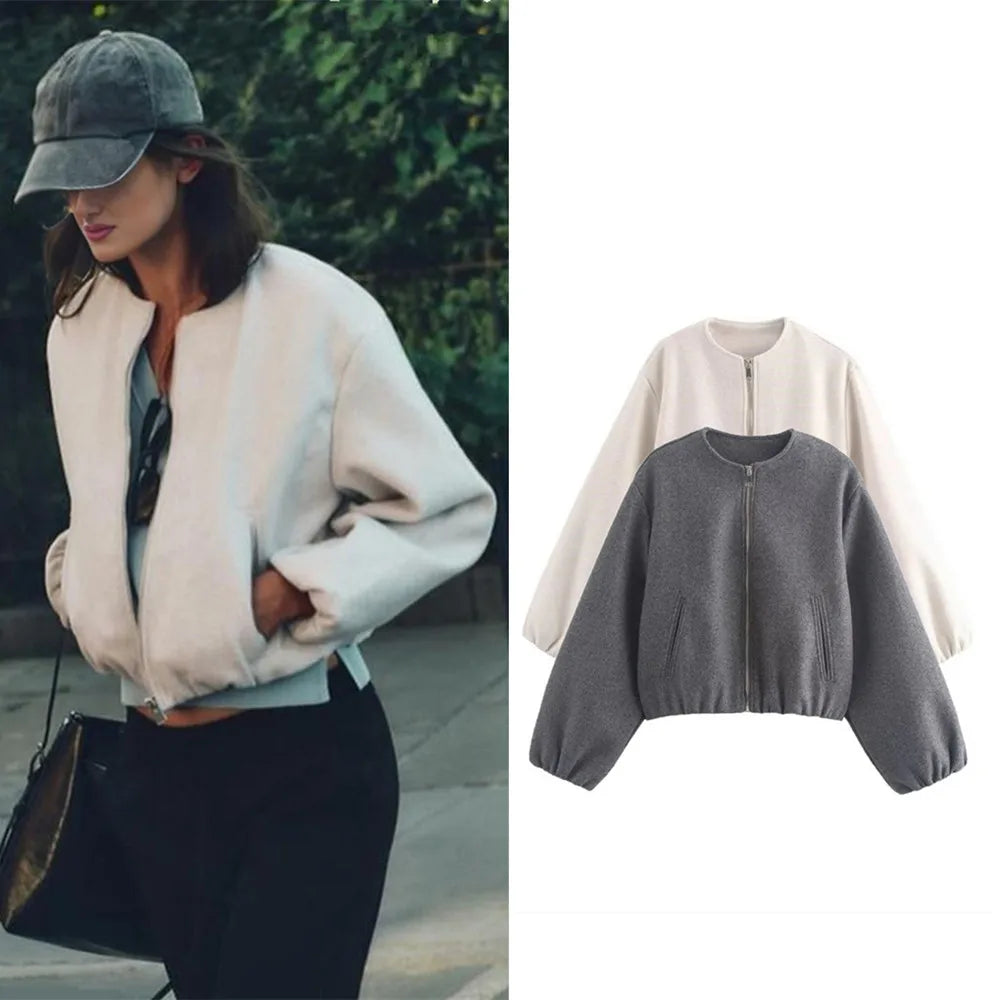 Women’s Retro Zip Bomber Jacket – Soft Long Sleeve Autumn Winter Coat