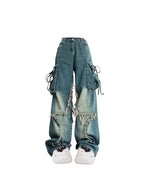 Women’s Blue Cargo Jeans – High Waist Vintage Baggy Denim Pants