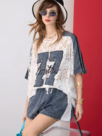 Women’s Lace Denim Patch Streetwear T-Shirt