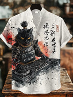 Men’s Linen Printed Shirt – Japanese Style Stand Collar Casual Top