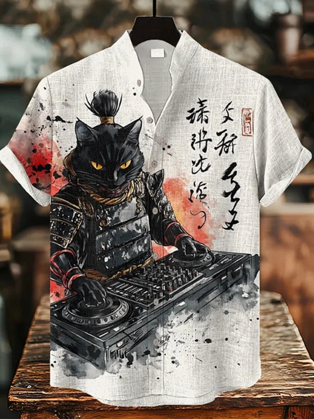Men’s Linen Printed Shirt – Japanese Style Stand Collar Casual Top