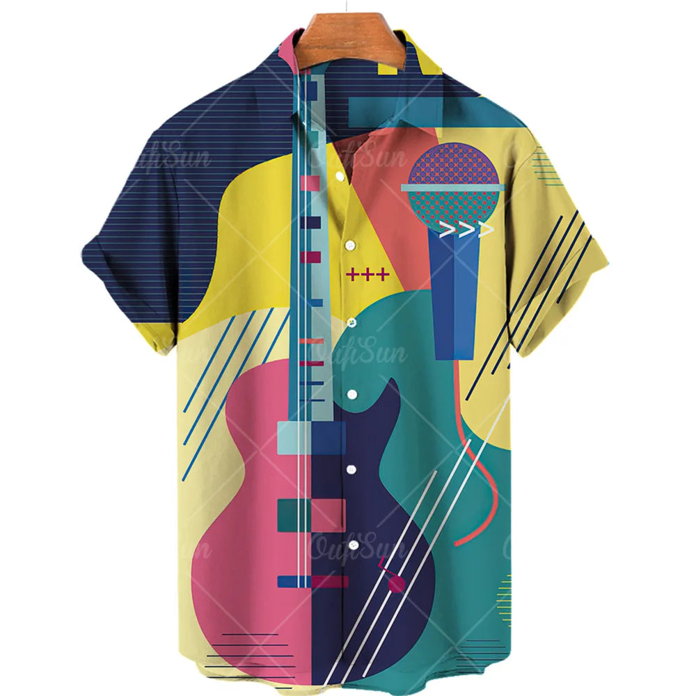 Men’s 3D Musical Note Print Shirt – Short Sleeve Open Front Casual Top