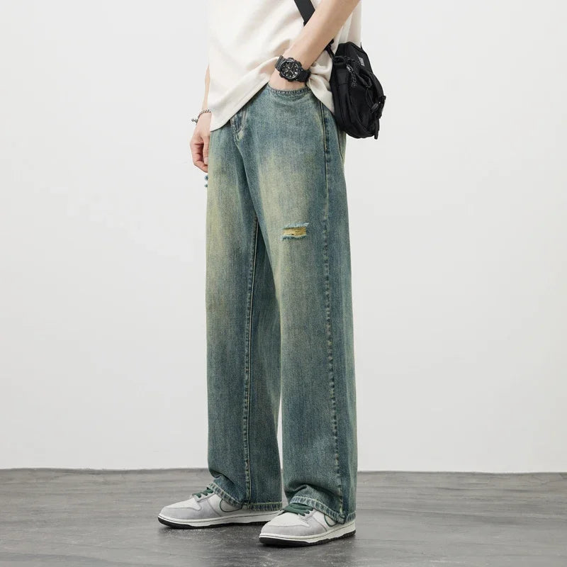 Men’s Vintage Ripped Baggy Jeans – Distressed Straight Leg Denim Pants