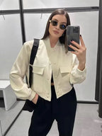 Women’s Vintage Button-Up Bomber Jacket – Long Sleeve Casual Outerwear