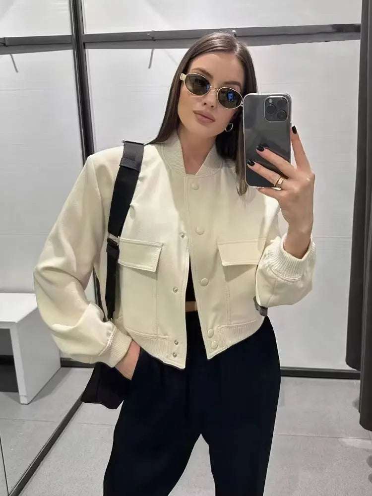 Women’s Vintage Button-Up Bomber Jacket – Long Sleeve Casual Outerwear