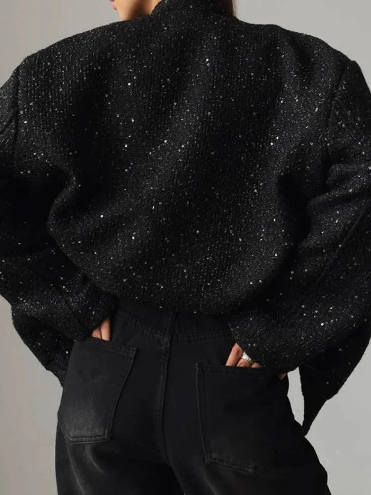 Women’s Sequin Bomber Jacket – Chic Long Sleeve Fall Outerwear