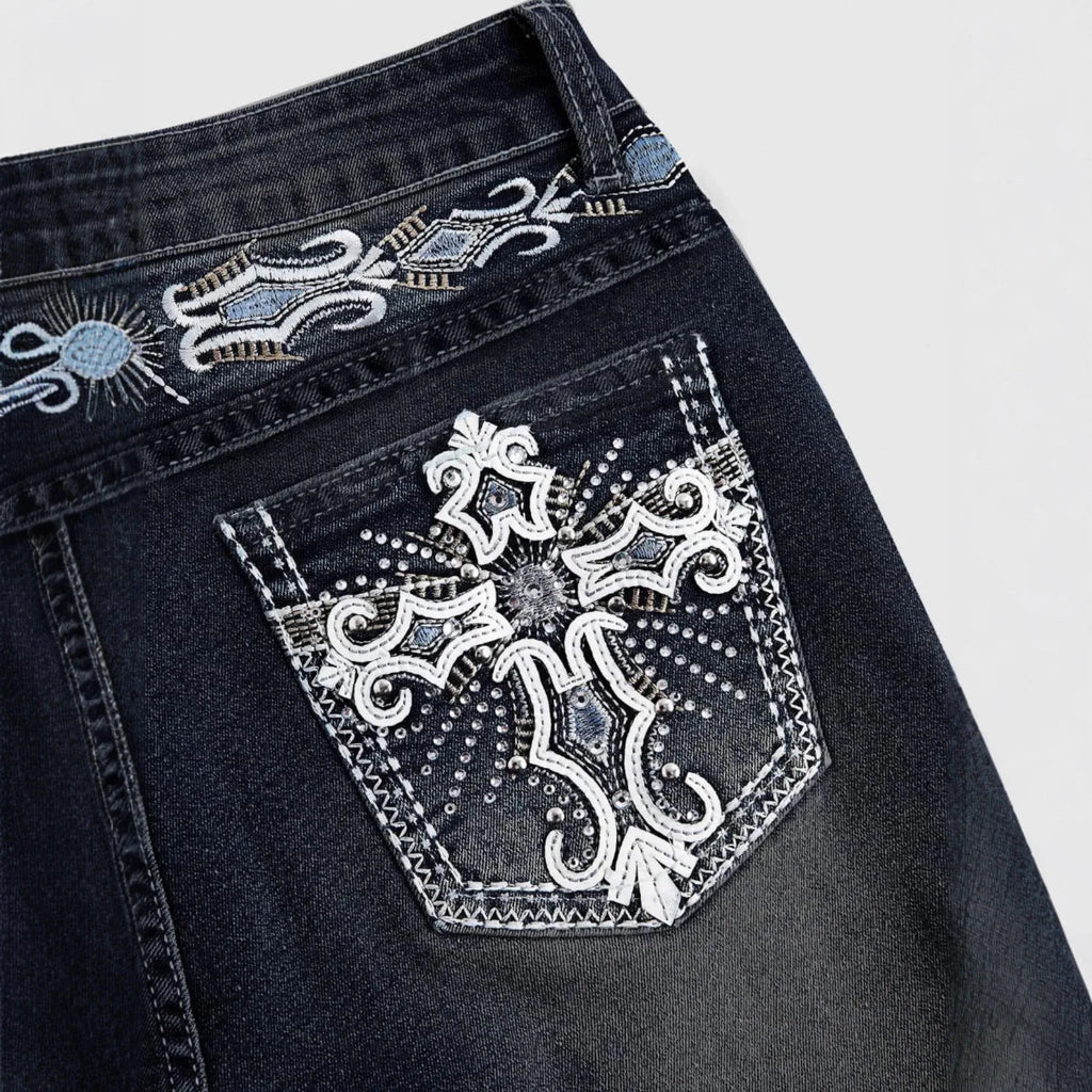 Women’s Vintage Flare Jeans – Embroidered Rhinestone Bootcut Denim Pants