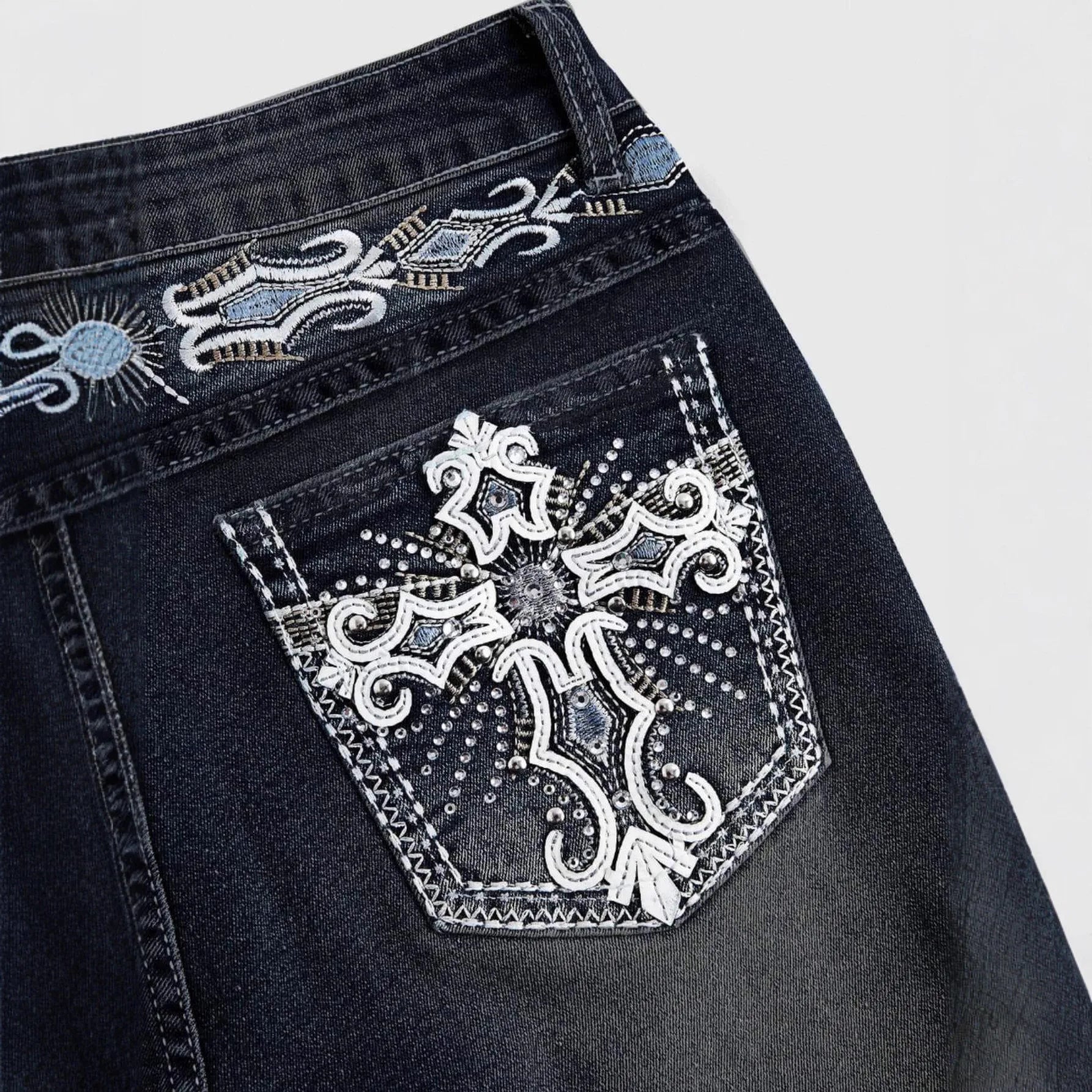 Women’s Vintage Flare Jeans – Embroidered Rhinestone Bootcut Denim Pants