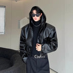 Men’s Short Hooded PU Leather Jacket – Black Waterproof Loose Fit Coat