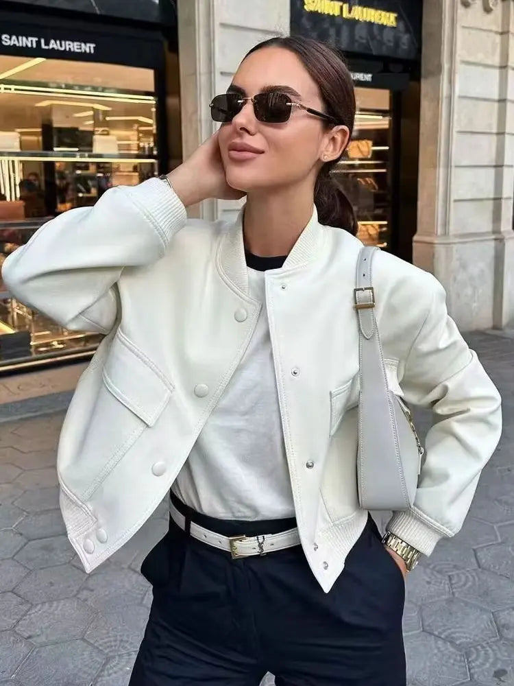 Women’s Vintage Button-Up Bomber Jacket – Long Sleeve Casual Outerwear