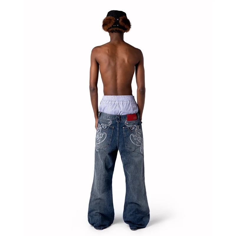 Y2k Blue Opening Bootcut Jeans Vintage Washed Embroidery Men Women Pants Harajuku High Street Streetwear Unisex Casual Jeans