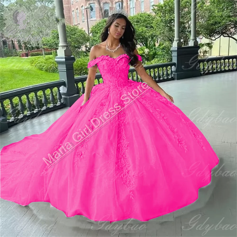 Pink Off Shoulder Tulle Princess Gown – Women’s Lace Formal Party Dress