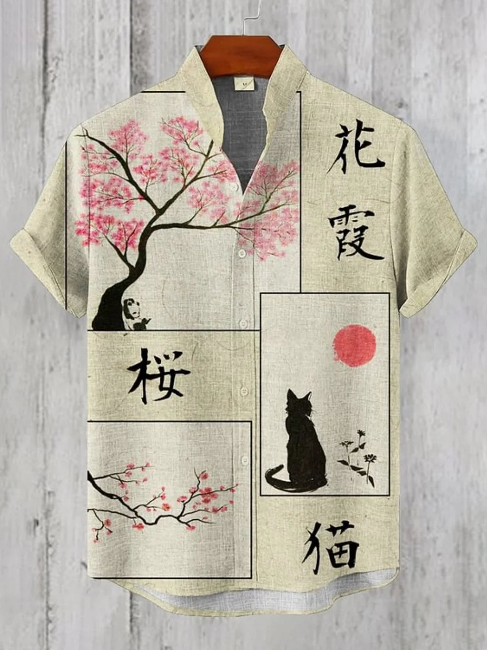 Men’s Linen Printed Shirt – Japanese Style Stand Collar Casual Top