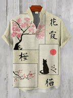 Men’s Linen Printed Shirt – Japanese Style Stand Collar Casual Top