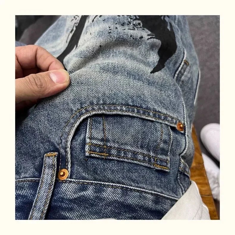Men’s Flame Skull Print Jeans – Baggy Streetwear Denim Pants