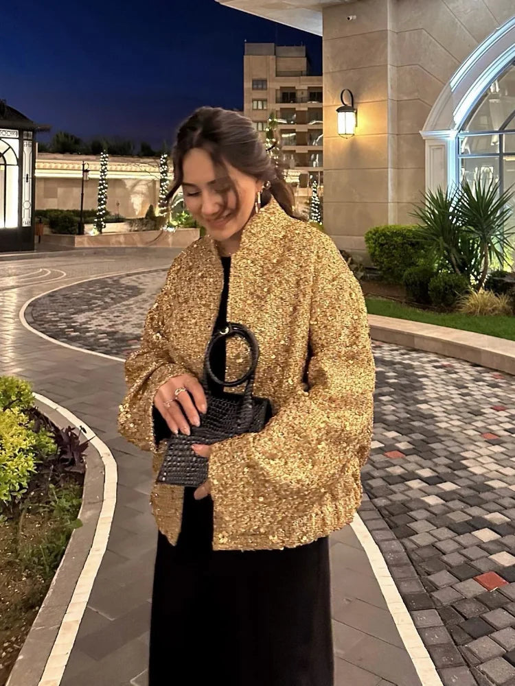 Women’s Sequin Bomber Jacket – Chic Long Sleeve Fall Outerwear