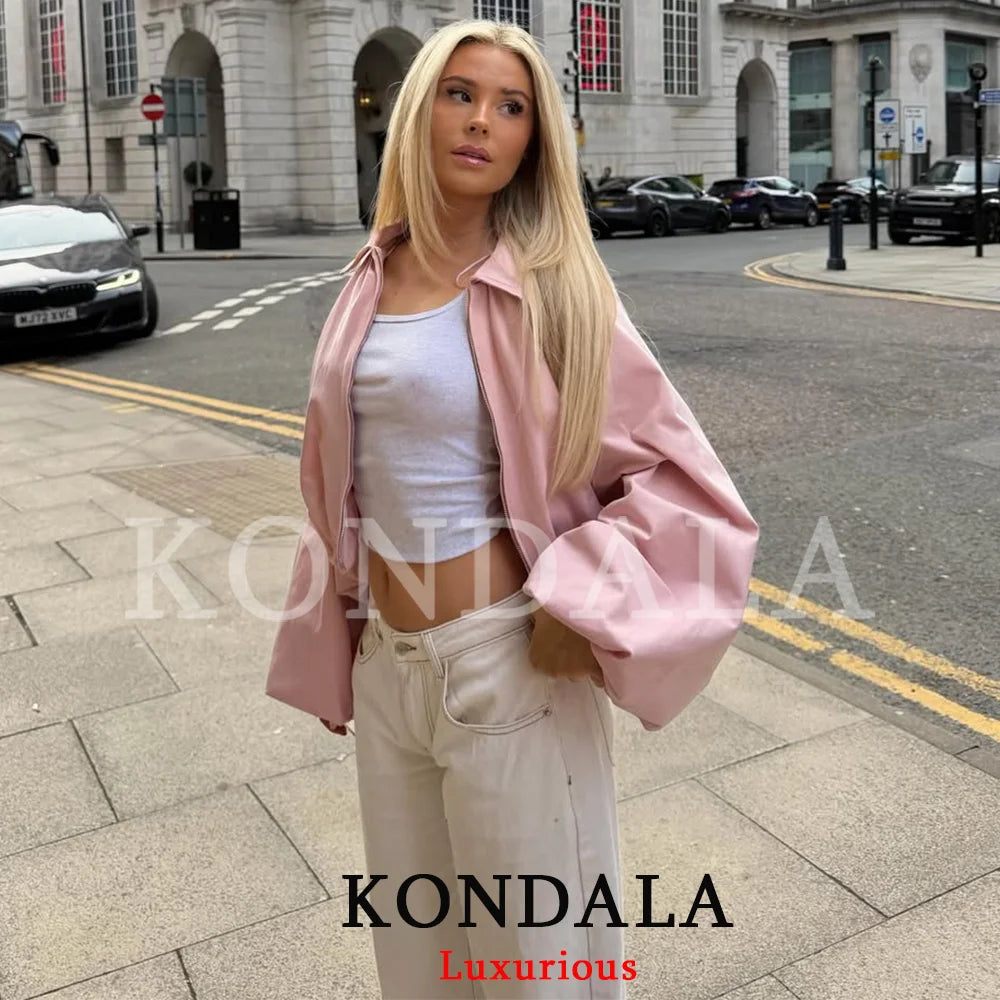 Women’s Pink Lantern Sleeve Bomber Jacket – Chic Zip-Up Spring Coat