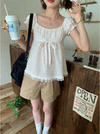 Vintage Polka Dot Lace Blouse – Women’s Puff Sleeve Summer Top