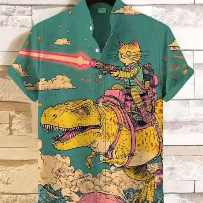 Men’s Cat Print Button-Up Shirt – Oversized Short Sleeve Summer Hawaiian Top
