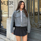 Women’s Tweed Cropped Bomber Jacket – Zip-Up Long Sleeve Outerwear