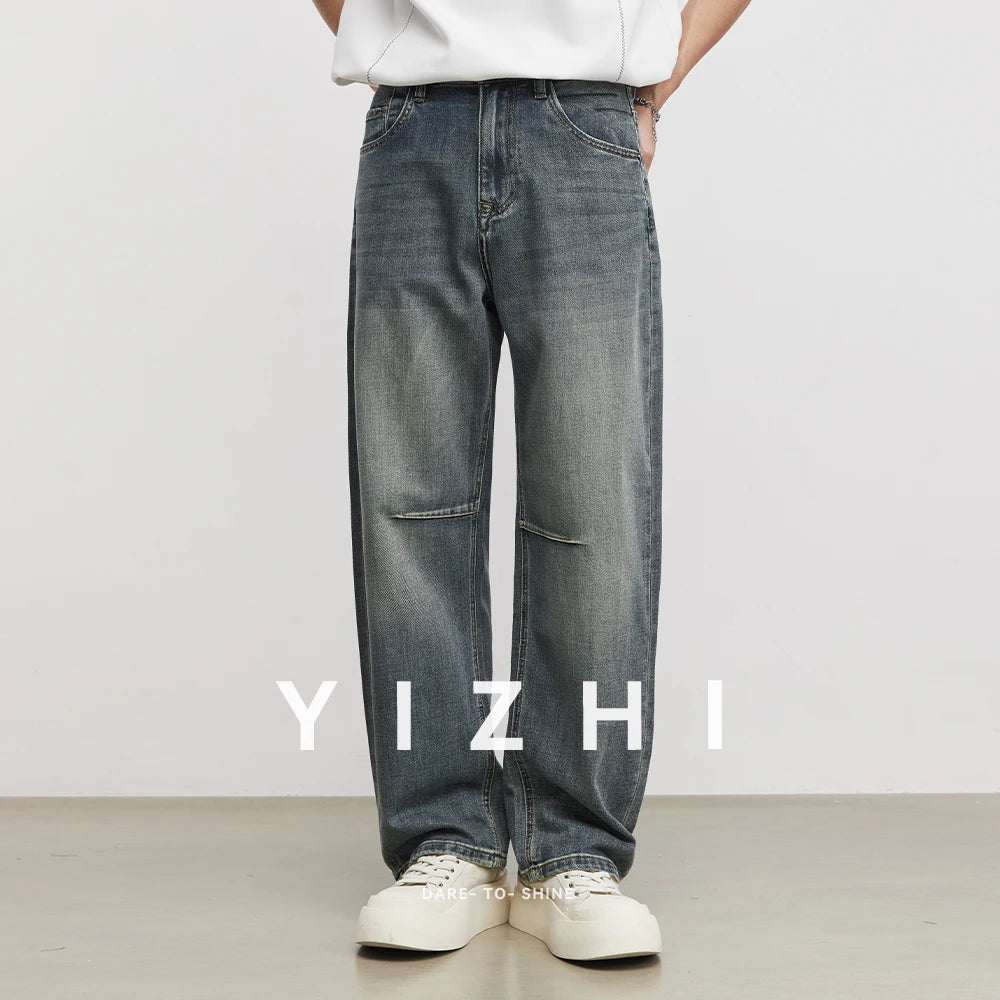 Men’s Vintage Washed Cut-Off Jeans – Loose Straight Wide Leg Denim Pants