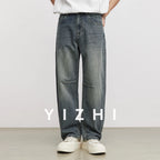 Men’s Vintage Washed Cut-Off Jeans – Loose Straight Wide Leg Denim Pants