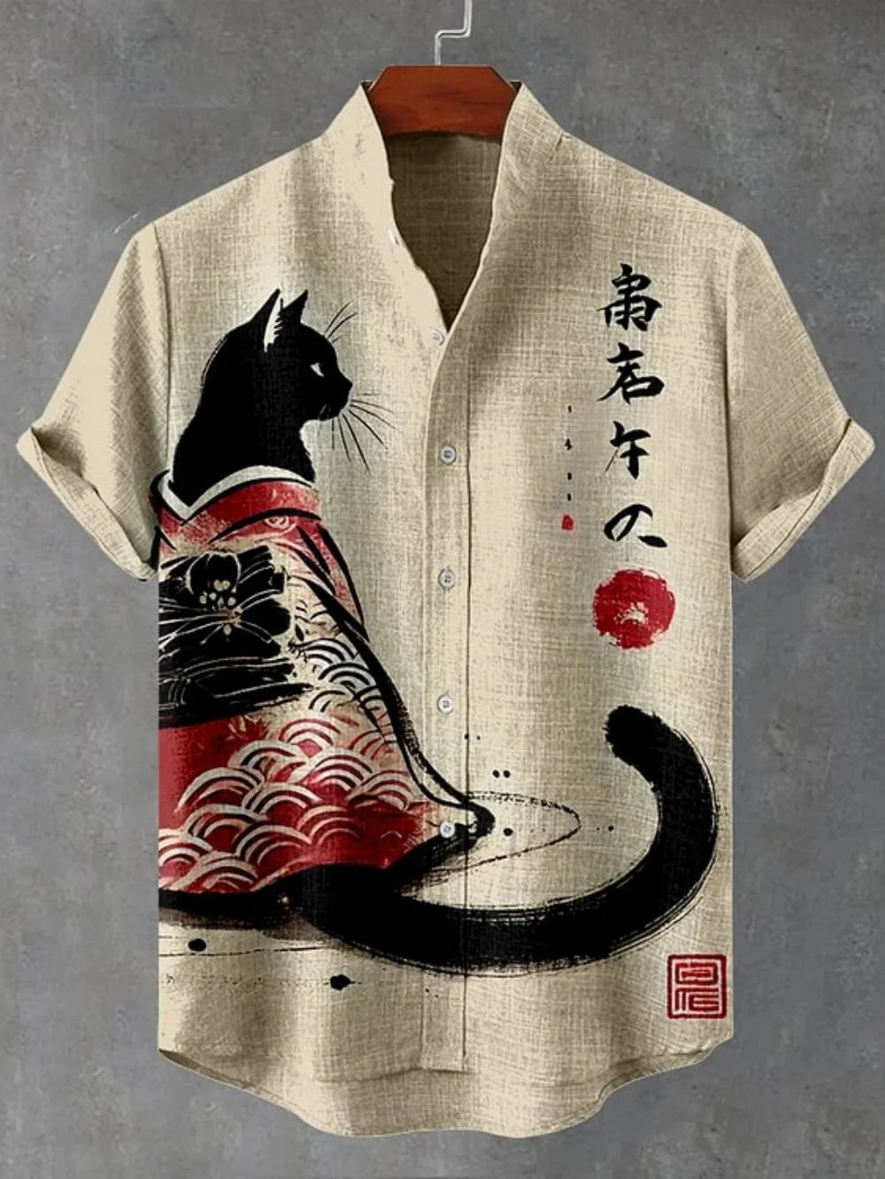 Men’s Linen Printed Shirt – Japanese Style Stand Collar Casual Top