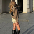 Women’s Suede Bomber Jacket – Loose Fit Long Sleeve Pocket Coat
