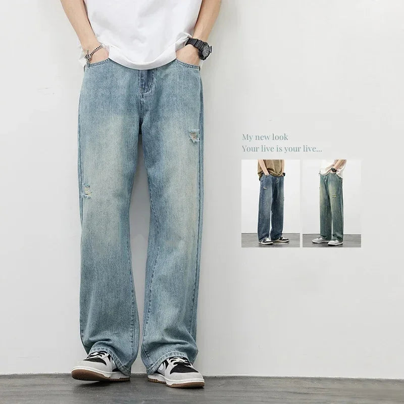 Men’s Vintage Ripped Baggy Jeans – Distressed Straight Leg Denim Pants