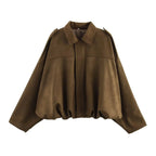 Suede Oversized Bomber Jacket – Women’s Long Sleeve Zip-Up Coat