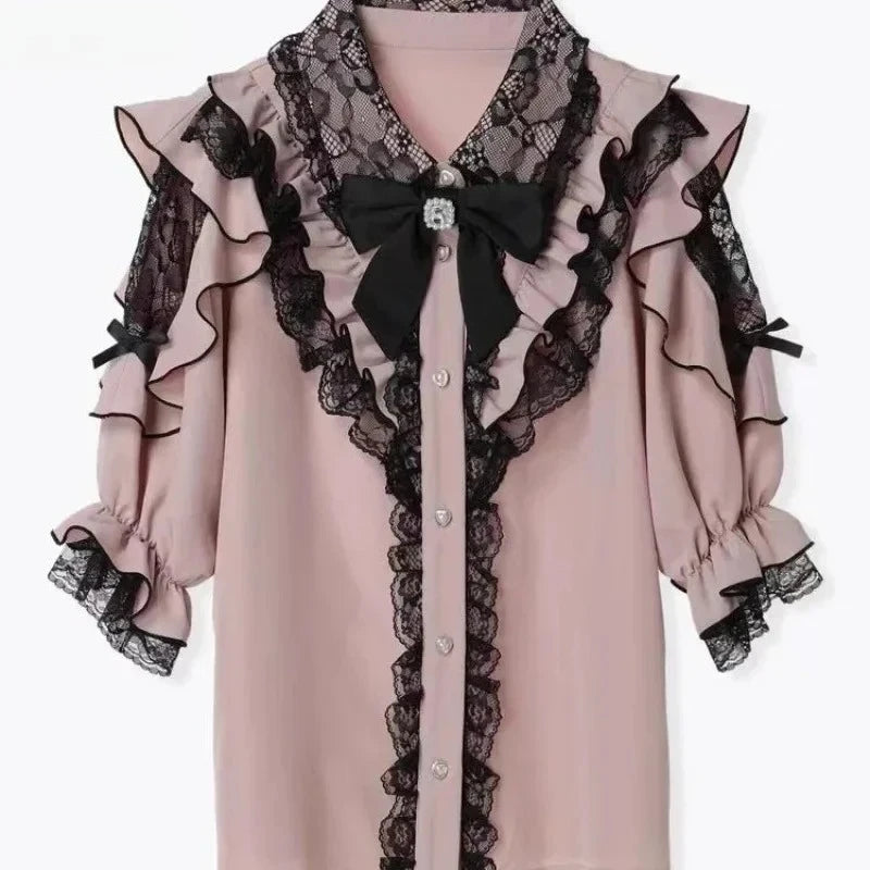 Lolita Bow Lace Blouse – Women’s Black & White Long Sleeve Shirt