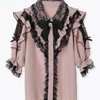 Lolita Bow Lace Blouse – Women’s Black & White Long Sleeve Shirt