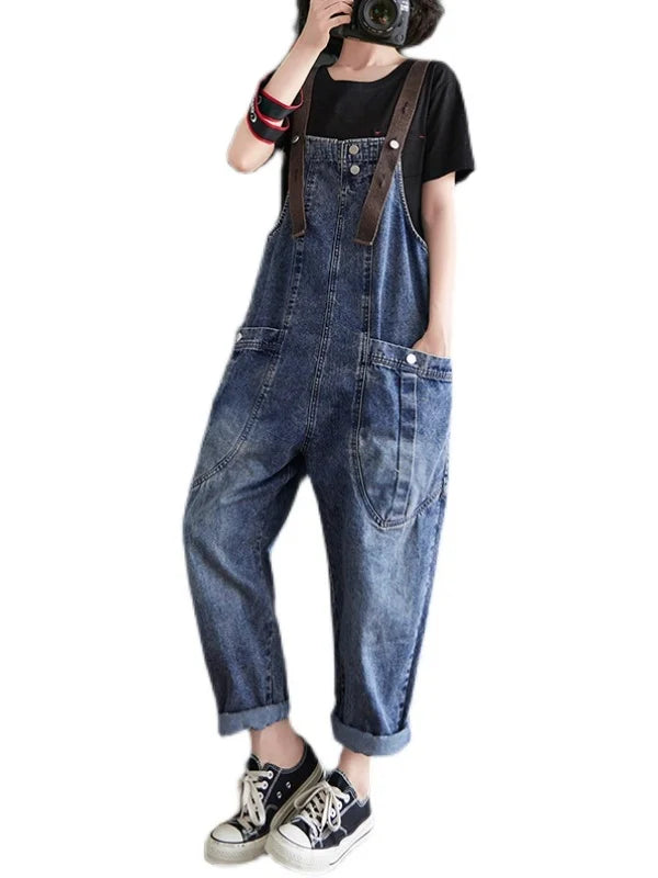 Women’s High Waist Denim Overalls – Loose Fit Cropped Summer Pants