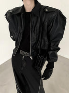 Men’s Oversized PU Leather Jacket – Black Shoulder Pad Zip-Up Coat