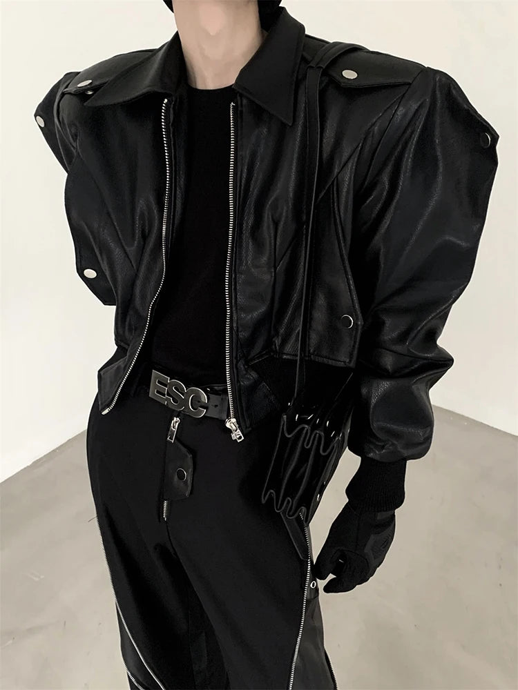 Men’s Oversized PU Leather Jacket – Black Shoulder Pad Zip-Up Coat