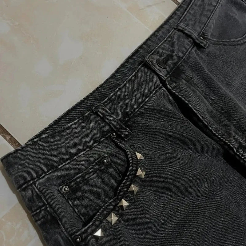 Washed Black Monster Embroidery Jeans – Unisex Baggy Wide Leg Denim Pants