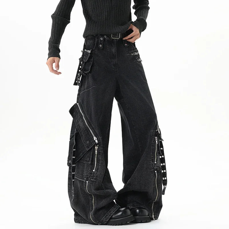 Men’s Multi Pocket Patchwork Jeans – Wide Leg Streetwear Denim Pants