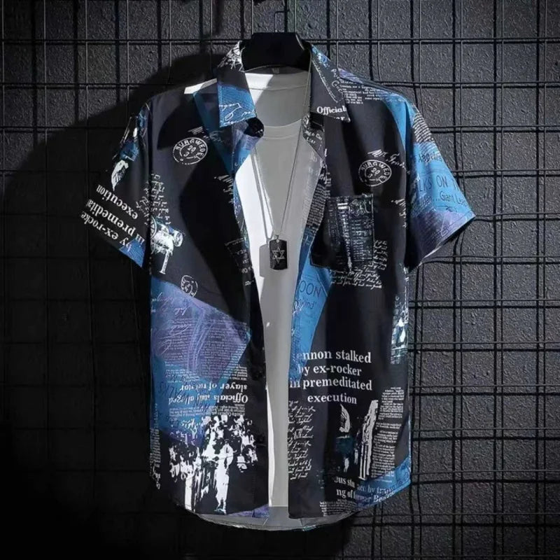 Men’s Cat Print Button-Up Shirt – Oversized Short Sleeve Summer Hawaiian Top