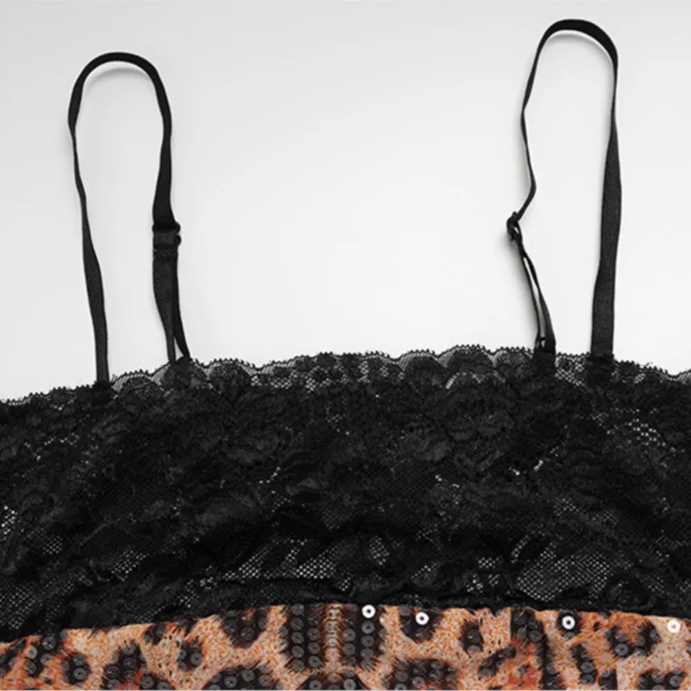 Leopard Lace Sequin Slip Dress – Women’s Backless Slim Party Dress