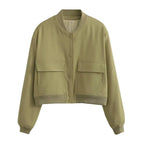Women’s Vintage Button-Up Bomber Jacket – Long Sleeve Casual Outerwear