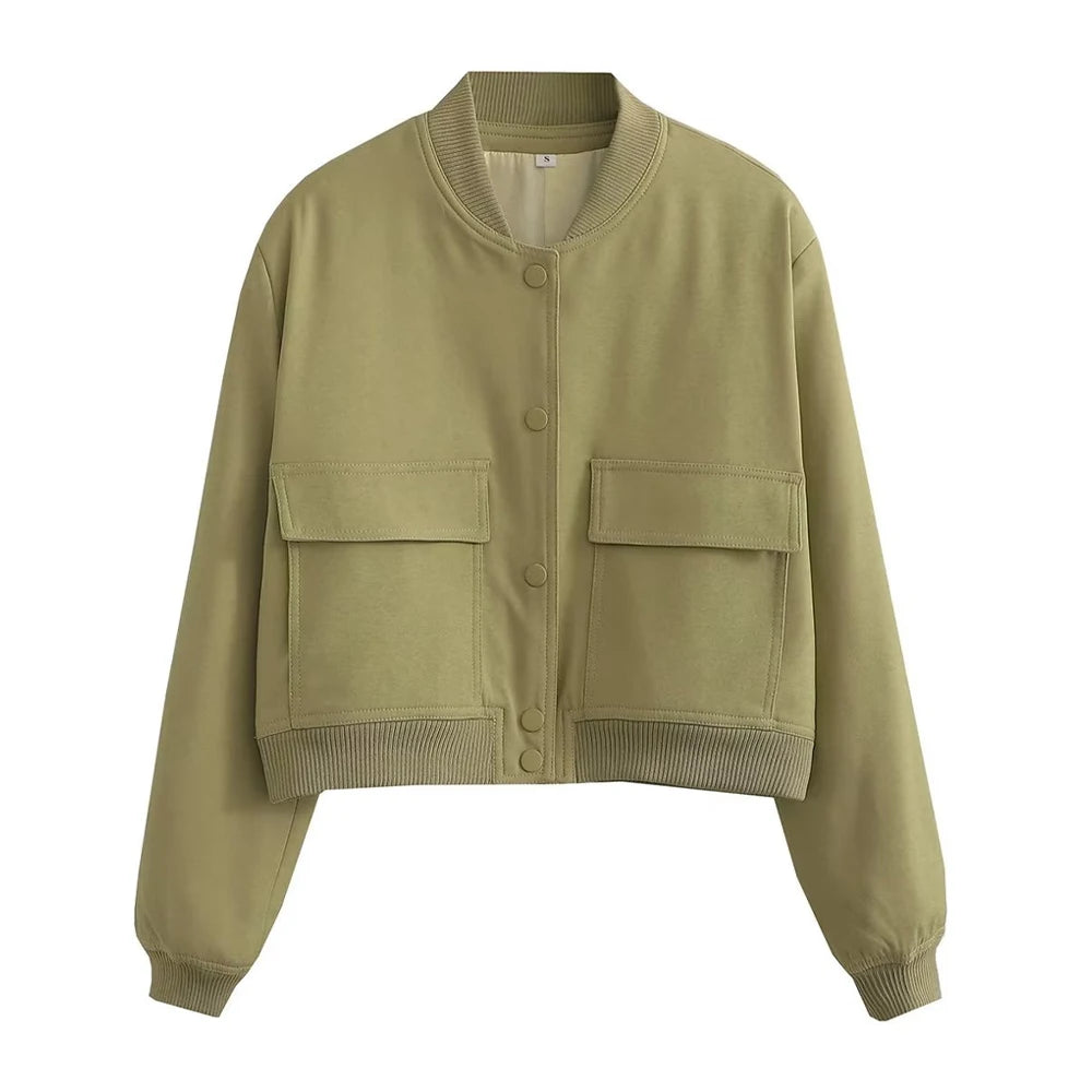 Women’s Vintage Button-Up Bomber Jacket – Long Sleeve Casual Outerwear