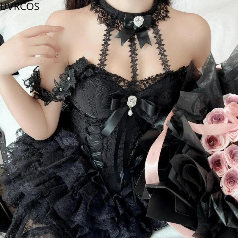 Victorian Sweet Lolita Mini Dress – Women’s Bow Lace Halter Party Dress