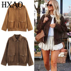 Women’s Suede Cropped Bomber Jacket – Chic Long Sleeve Outerwear