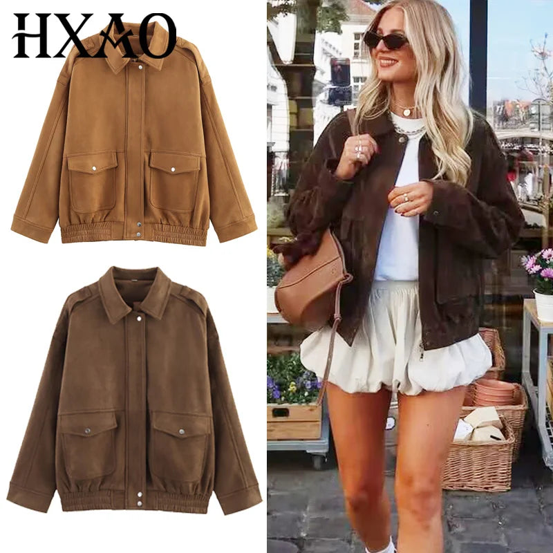 Women’s Suede Cropped Bomber Jacket – Chic Long Sleeve Outerwear