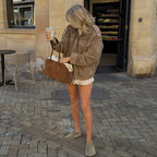 Women’s Suede Bomber Jacket – Loose Fit Long Sleeve Pocket Coat