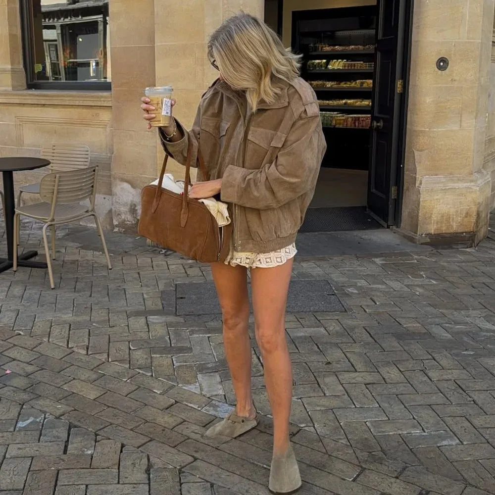 Women’s Suede Bomber Jacket – Loose Fit Long Sleeve Pocket Coat