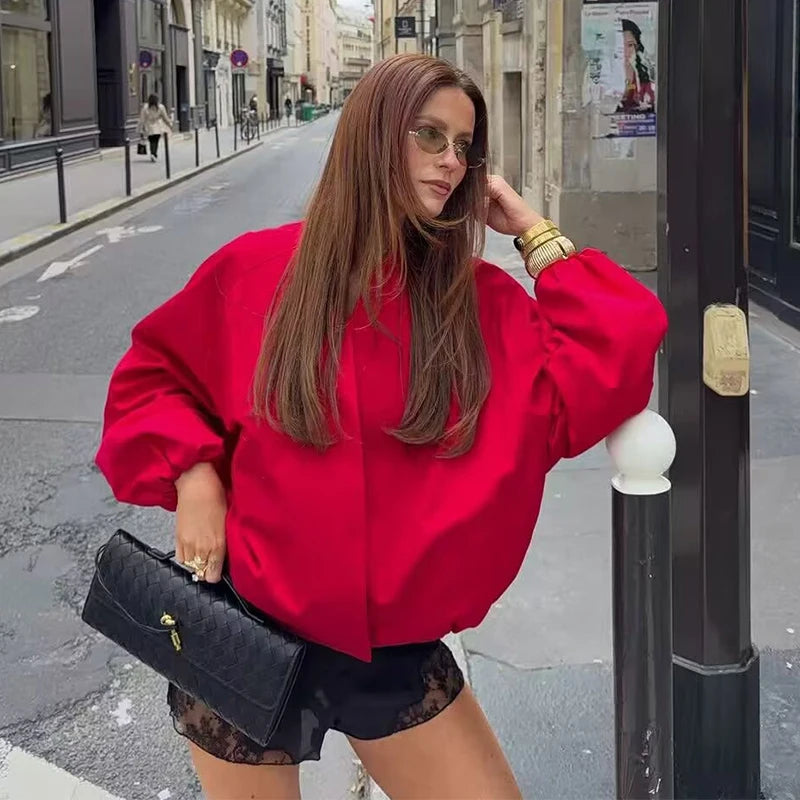 Women’s Red Pilot Jacket – Loose Fit Autumn Chic Outerwear