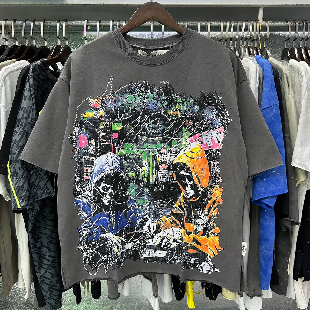 Unisex Rhinestone Diamond T-Shirt – Oversized Cotton Crew Neck Summer Tee
